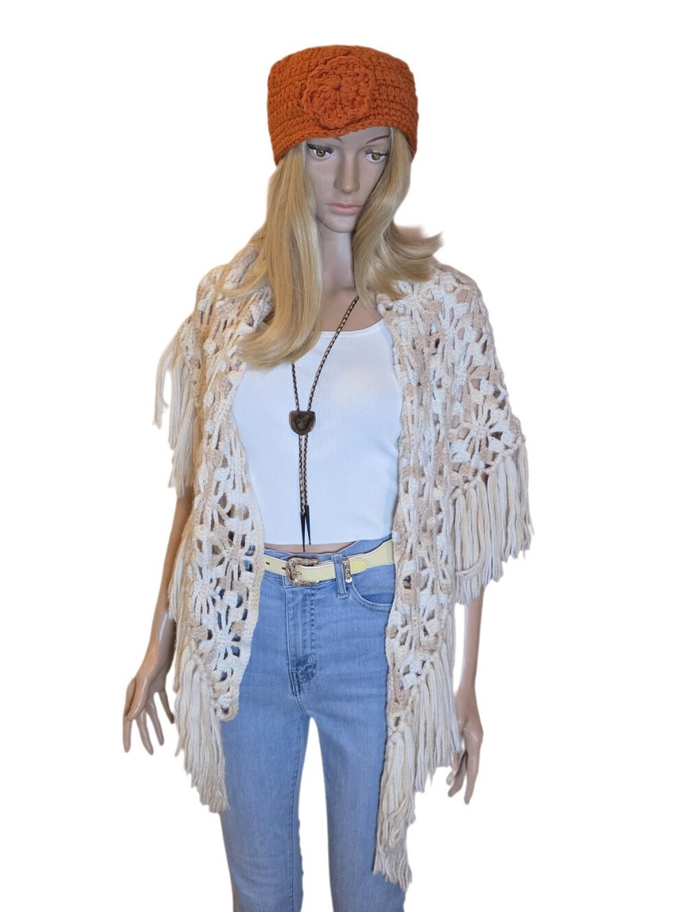 Vintage Cream Crochet Open Knit Shawl Wrap with Fringe -EUC